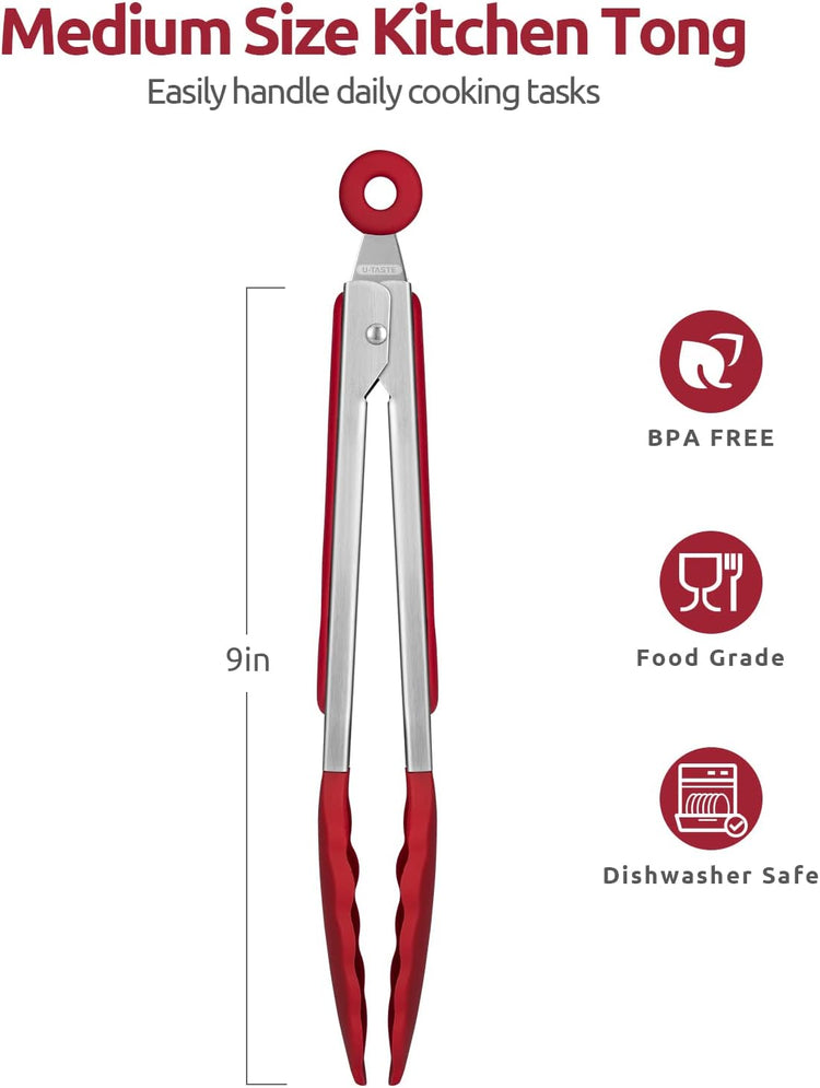 600ºF Heat Resistant Kitchen Tongs: U-Taste 9 inch Silicone Cooking Tong with Firm Sealed Non Stick Rubber Tips & Silicon Coated 18/8 Stainless Steel Handle & Smooth Locking for Serving Salad (Red)