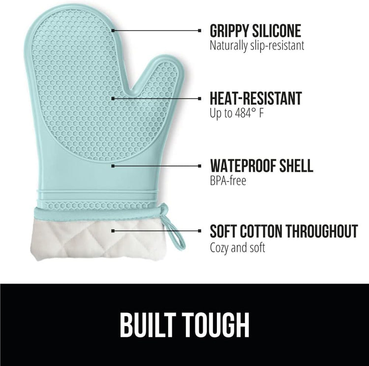 GORILLA GRIP BPA-Free Soft Silicone Oven Mitts, 14.5x8.3, Heat Resistant and Waterproof Cooking Gloves, Thick Cotton Lining, Flexible Gripping for Baking Grilling, Kitchen Potholders Set of 2, Mint