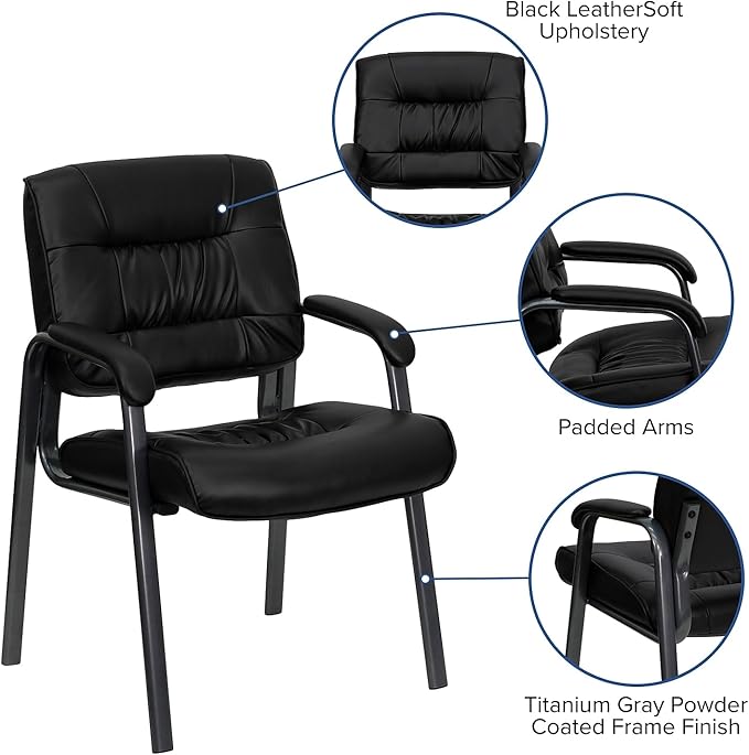 Flash Furniture Haeger Black LeatherSoft Executive Side Reception Chair with Titanium Gray Powder Coated Frame