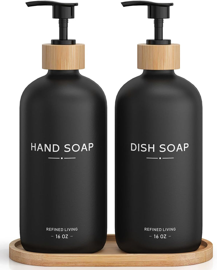 Hand and Dish Soap Dispenser Set,16oz Glass Bottles with Printed Labels, Bamboo Tray & Pump,Countertop Soap Dispensers for Kitchen,Luxury, Minimalist & Farmhouse Decor (Hand Dish (Black))