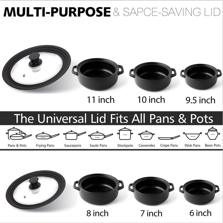 Anaeat Silicone Universal Lid for Pots, Pans and Skillets - Tempered Glass Covered with Heat Resistant Silicone Rim Fits All 6" to 11" Diameter Cookware -Easy to Use Replacement Frying Pan Cover