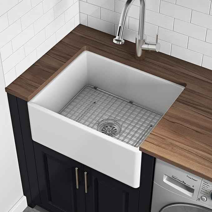 Ruvati 23 x 18 inch Fireclay Farmhouse Apron-Front Kitchen Laundry Sink Single Bowl - White - RVL2468WH