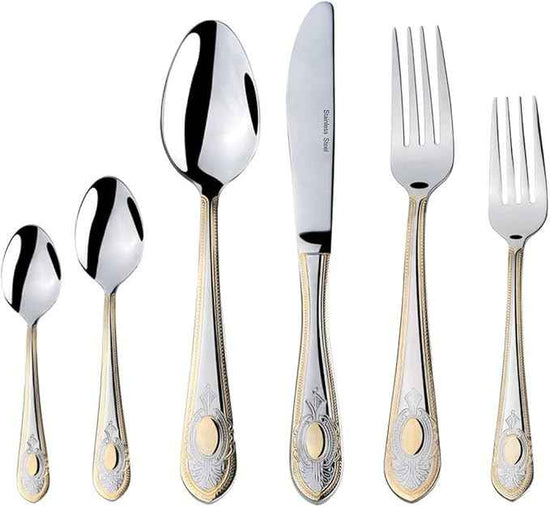 Venezia Collection Gold Flatware Serving Set for 12, 75-Pc Luxury Dining Silverware Cutlery Service, 24 Kt 18/10 Premium Surgical Stainless Steel Hostess Set in a Wooden Storage Case Chest
