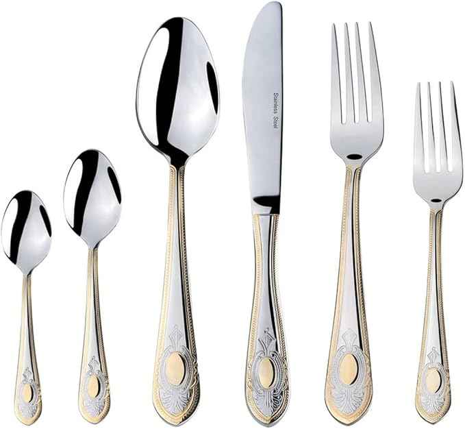 Venezia Collection Gold Flatware Serving Set for 12, 75-Pc Luxury Dining Silverware Cutlery Service, 24 Kt 18/10 Premium Surgical Stainless Steel Hostess Set in a Wooden Storage Case Chest
