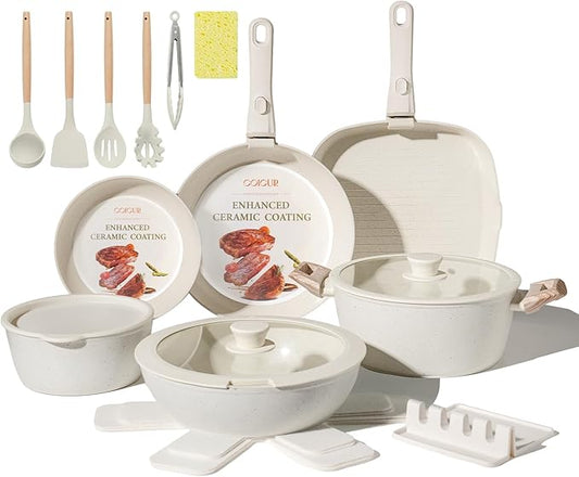 23Pcs Ceramic Cookware Set Non Stick Pots and Pans Set Non Toxic with Detachable Handle Induction Kitchen Cookware Set Space Saving, Oven & Dishwasher Safe, Cream White