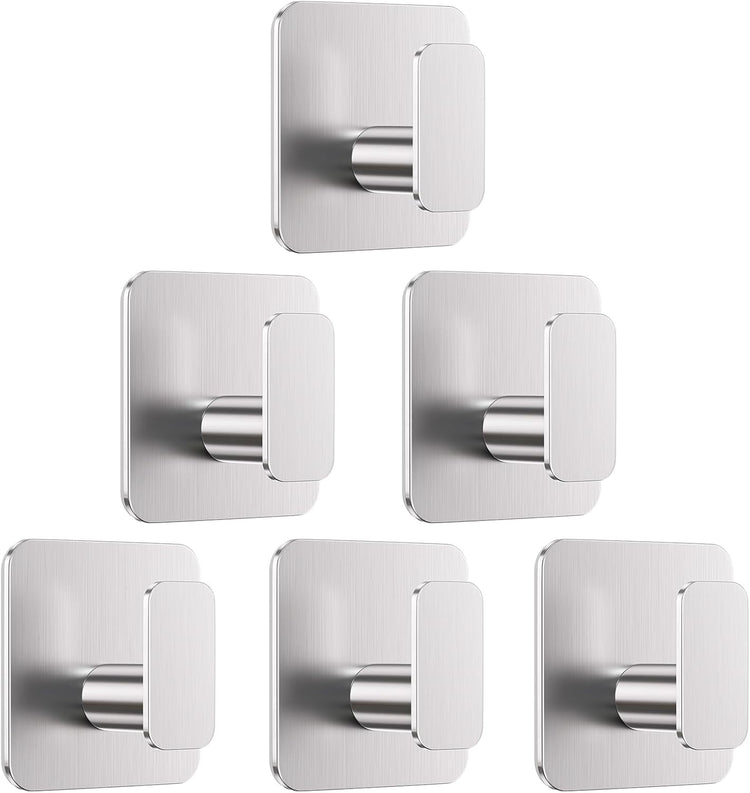 Silver Hooks for Hanging Heavy Duty, Adhesive Hooks for Shower, Bathroom, Kitchen, Robe, Towel, Coat, Waterproof & Rustproof Hook for Walls No Damage, Stainless Steel Sticky Hook - 6 Pack