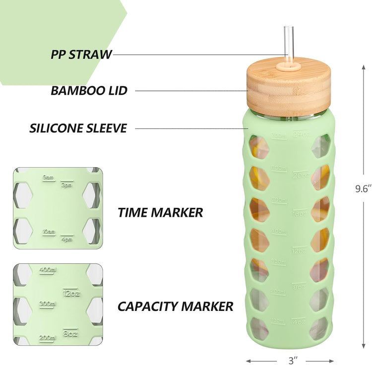 MUKOKO Glass Water Bottles,24oz Glass Tumbler with Straw,Drinking Bottles with 2 Lids-Handle Spout Lid&Bamboo Straw Lid,Motivational Water Bottle with Time Marker and Silicone Sleeve,1 Pack-Mustard