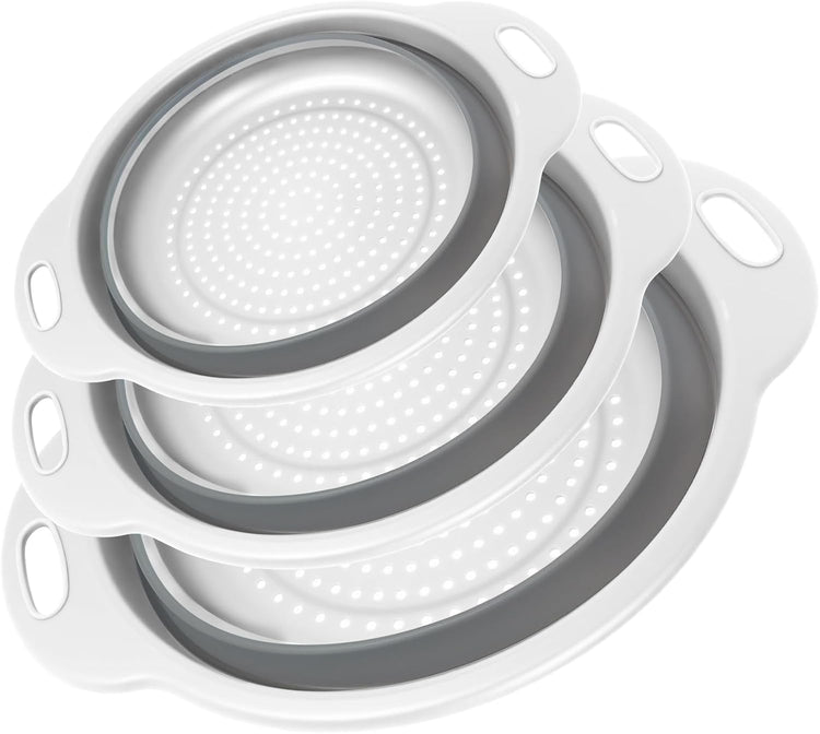 Collapsible Colander 3-Pack Set Space-Saving Foldable Kitchen Strainer with Non-Slip Base Durable Thickened PP+TPE Collapsible Strainers for Pasta, Vegetables, Fruits (Gray-White)
