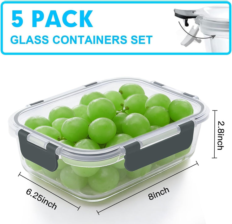 5 PACK 36 OZ Glass Meal Prep Containers Set with Lids (5 Count)