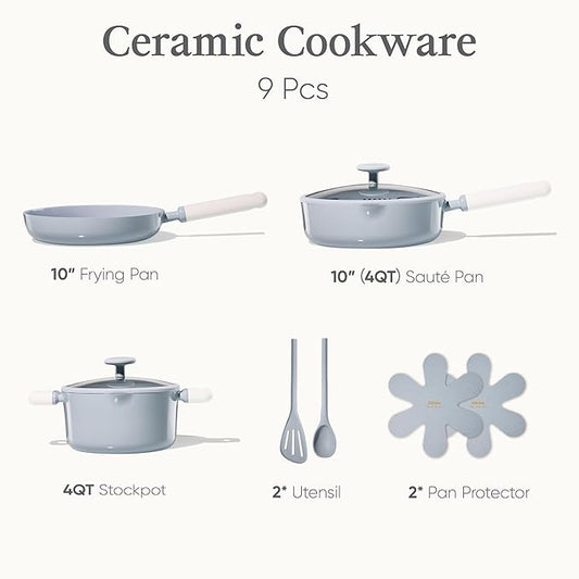 CAROTE Pots and Pans Set Nonstick, Ceramic Cookware Set, Blue Cooking Set Kitchen Induction Set with Steamer, PFAS PTFE Free,9 Piece