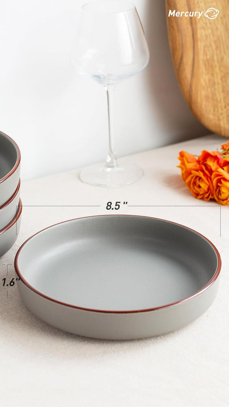 famiware Mercury Pasta Bowls Set of 4, 33 oz Large Salad Bowls, Ceramic Pasta Plates Bowls, Serving Bowls for Kitchen, Microwave & Dishwasher Safe, Dark Gray