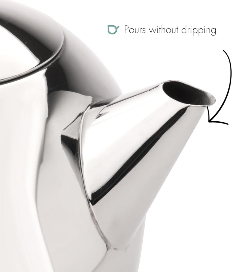 Santhee Double Walled Teapot, 1.4-Liter Stainless Steel Glossy Finish with Glossy Accents