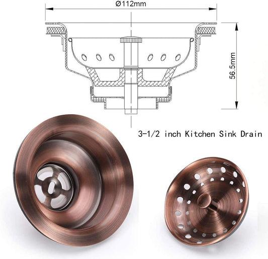 3-1/2 Inch Kitchen Sink Drain AC Assembly with Strainer Basket/Stopper, All Stainless Steel Antique Copper Durable and Rustproof