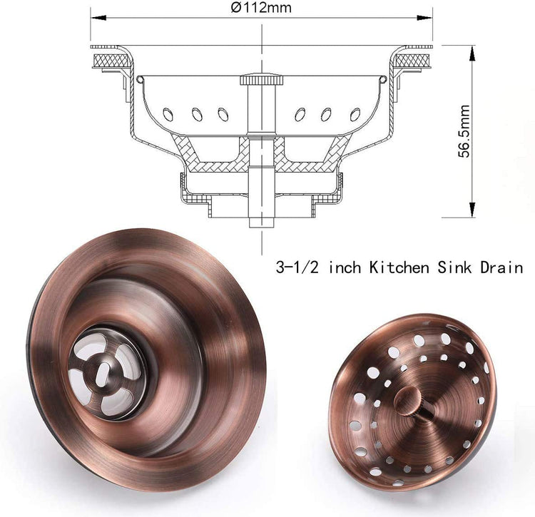 3-1/2 Inch Kitchen Sink Drain AC Assembly with Strainer Basket/Stopper, All Stainless Steel Antique Copper Durable and Rustproof