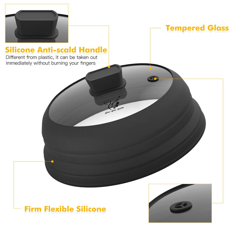 Microwave Splatter Cover Glass Cover Splatter Guard Lid with Collapsible Silicone for Food Cover Plate Cover 10.8 inch 2 Pack Black (2 Count)