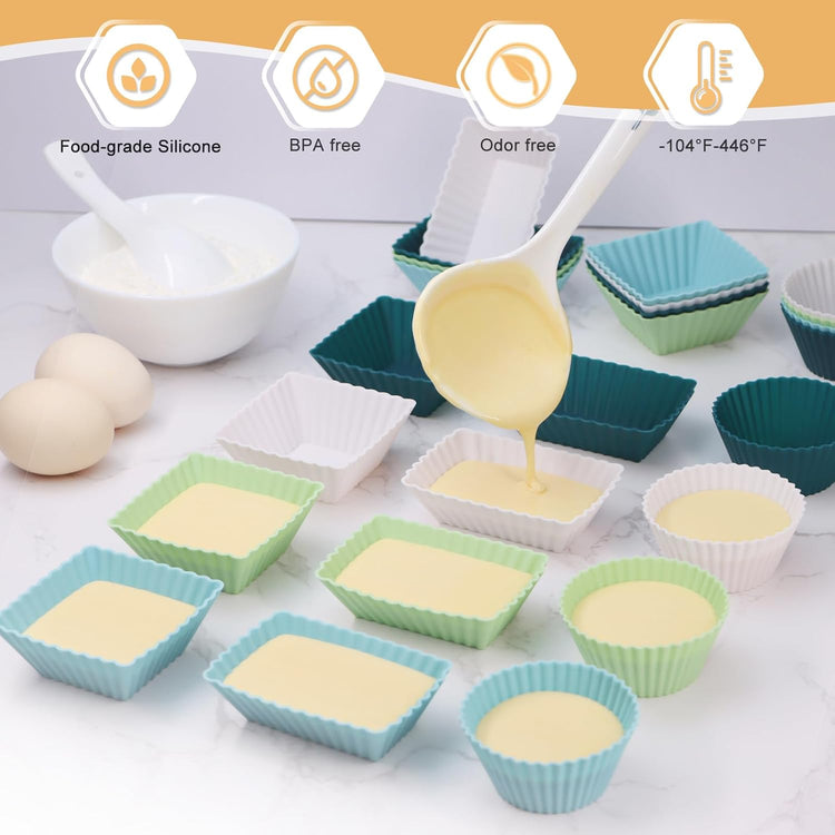 24Pack Silicone Muffin Cups, Reusable Cupcake Liners Molds for Baking, 3 Shapes Lunch Box Bento Dividers-Round, Square, and Rectangular (Neutral Colors, Large Size)