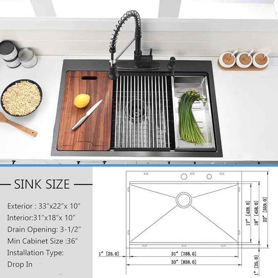 33 Inch Black Drop In Kitchen Sink Workstation - VOKIM 33x22-Inch Drop In Sink Stainless Steel Top Mount 16 Gauge Single Bowl 10'' Deep Handmade Kitchen sink with Cutting Board& Strainer