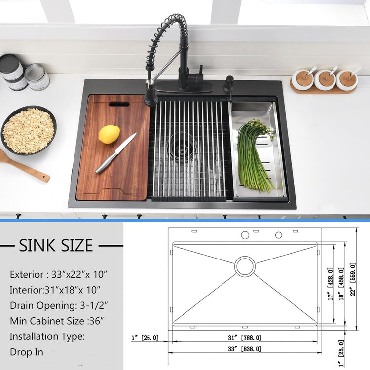 33 Inch Black Drop In Kitchen Sink