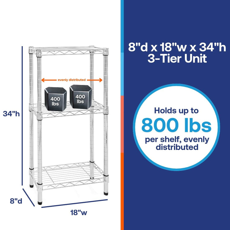 Shelving Inc. 8" d x 18" w Chrome Wire Shelving with 3 Tier Shelves (3 Count)