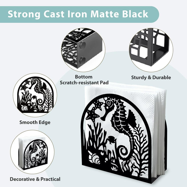 Seahorse and Coral Decorative Black Metal Napkin Holder for Table