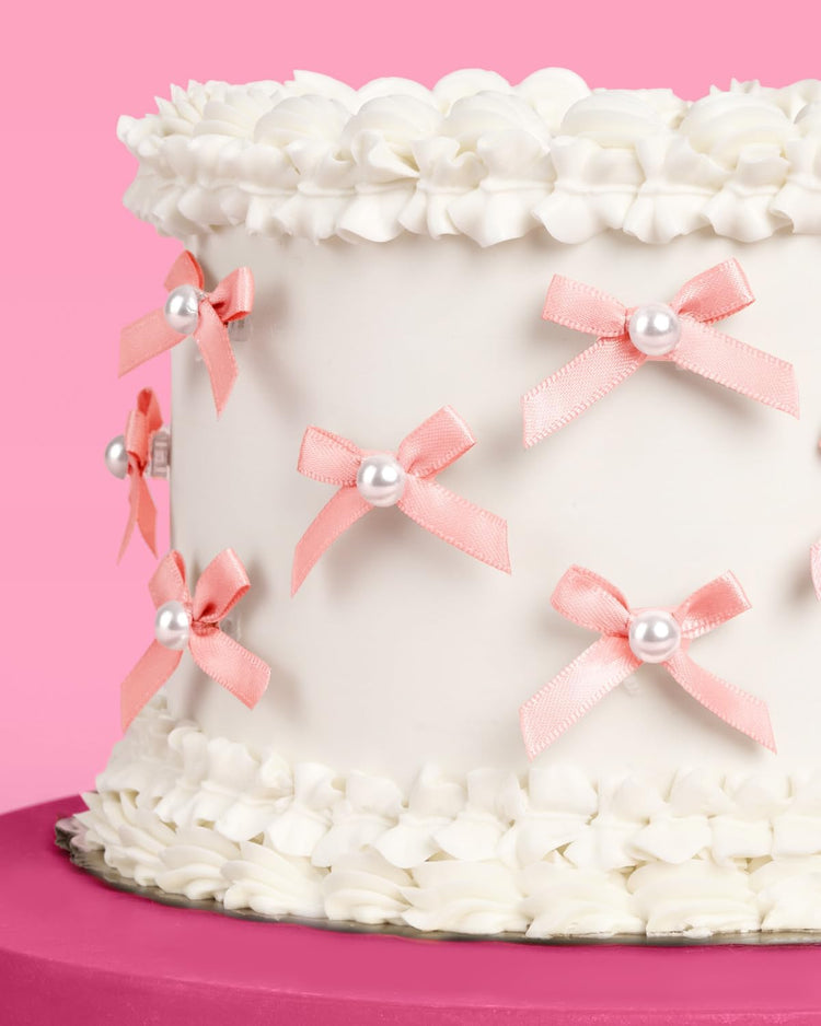 xo, Fetti Mini Pink Bow + Pearl Cake Toppers | 12 pcs | Bachelorette Party Decoration, Birthday Candle Accessory, Engagement Dessert Decor, Bridal Food Supplies