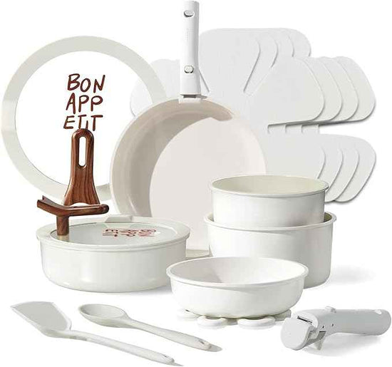 CAROTE 18Pcs Ceramic Cookware Set with Detachable Handle, Pots and Pans Set Non Stick, Non Toxic Kitchen Cooking Sets with Stand-Up Lid, PFAS and PFOA Free, Oven Safe, Induction Ready, Cream White