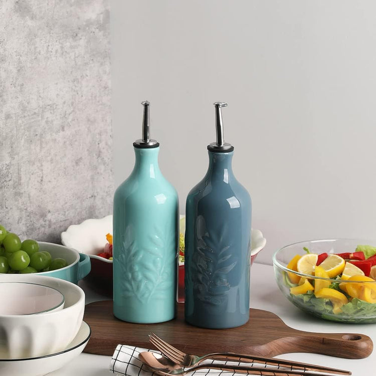 Sweejar Ceramic Olive Oil Dispenser Bottle, 20 Oz Relief Opaque Oil Cruet Protects Oil To Reduce Oxidation, Suitable for Storage Oil, Vinegar, Soy Sauce, Coffee Syrup, Liquids, Set of 1 (Fog Blue)