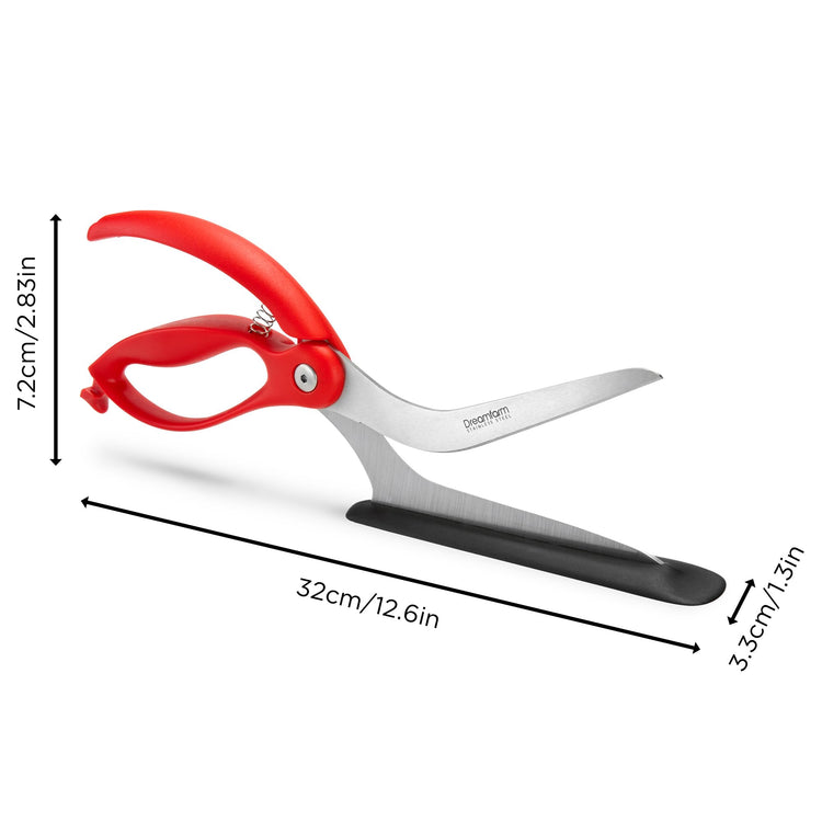 Scizza 2-In-1 Easy Ergonomic Pizza Scissors with Stainless Steel Pizza Cutter Blades & Non-Stick Slice Server - Red