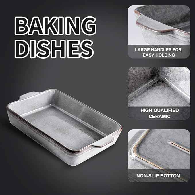 KOOV Bakeware Set, Ceramic Baking Dish Set, Rectangular Casserole Dish Set, lasagna Pan, Baking Pans Set for Cooking, Cake Dinner, Kitchen, 9 x 13 Inches, Reactive Glaze 3-Piece (Variable Grey)