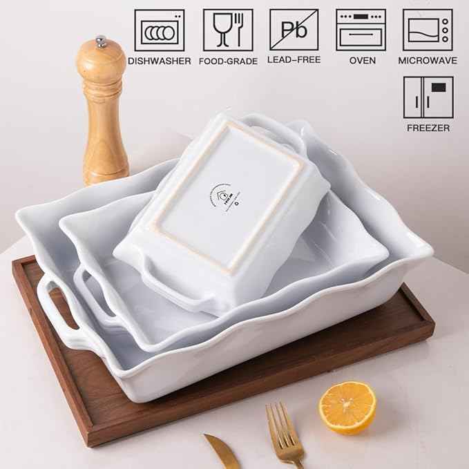 Sweejar Casserole Dishes for Oven, Ceramic Bakeware Set of 3, Rectangular Baking dish with Handles, Wave Edge Lasagna Pan Deep for Cooking, Cake, Dinner, Banquet and Daily Use (White)