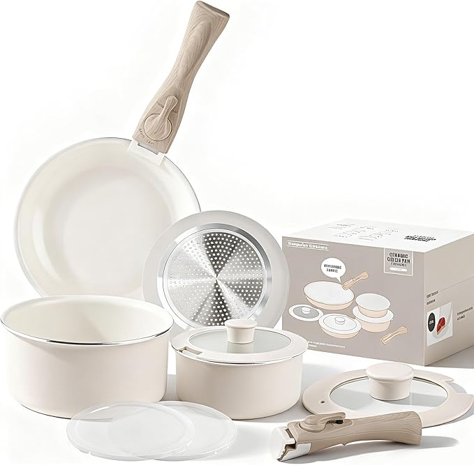 Heapsion 10-Piece Ceramic Nonstick Cookware Set, PFAS/PFOA/PTFE-Free & Non-Toxic Pots and Pans Set with Detachable Handles, Dishwasher Safe & Induction Compatible for Kitchen & RV Cooking