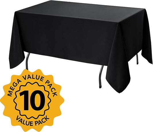 10-Pack Black Tablecloths for Rectangle Tables, 60 x 120 Inches, Stain-Resistant Polyester Fabric for 6 Foot Tables - Washable Table Covers for Weddings, Banquets, Birthday Parties, Events