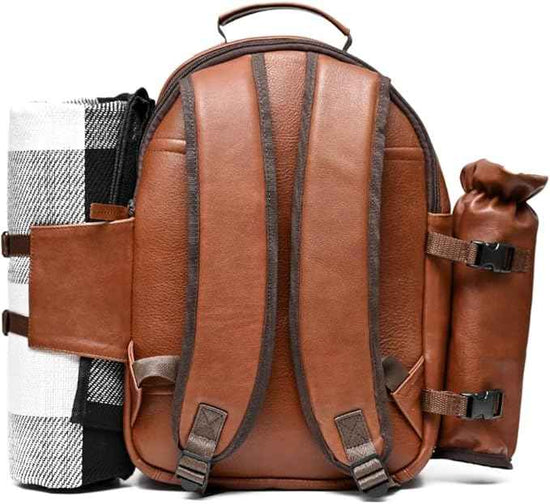 Premium Collection Genuine Leather Picnic Backpack for 4 with Insulated Compartment, Blanket, Stainless Steel Cutlery, Plates, Glasses, Luxury Gift for Men & Women, Outdoor Dining, Brown