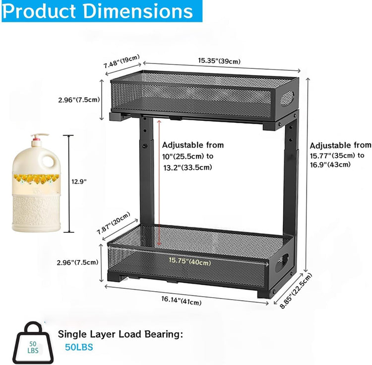 2-pack under sink organizer, 2-tier under sink organizer and storage, slide-out pull-out cabinet organizer with mesh metal sliding drawer for home kitchens, bathrooms, pantries (Black)