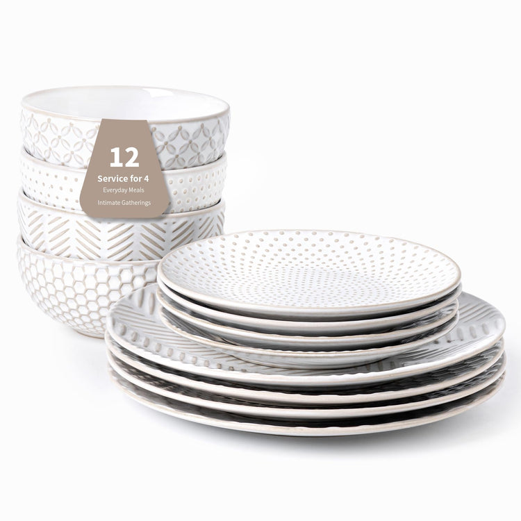 12 Piece Embossed Dinnerware Sets for 4 (12 Count)