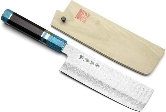 Yoshihiro VG-10 46 Layers Hammered Damascus Nakiri Japanese Vegetable Knife Octagonal Turquoise Blue Handle (6.5'' (165mm))