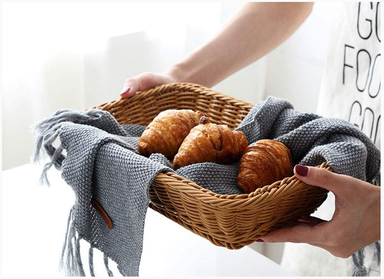 12" Poly Wicker Bread Basket, Hand Woven Food Storage Room Organizer, Fruits, Vegetables and Snacks Tabletop Food Serving Basket, Restaurant, Hotel Service, Brown