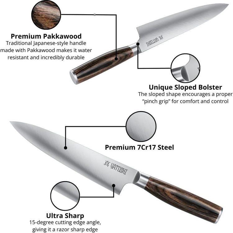 Yatoshi 15 Piece Knife Block Set - Pro Kitchen Knife Set Ultra Sharp High Carbon Stainless Steel with Ergonomic Handle