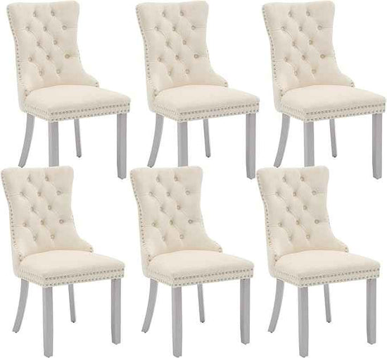 Velvet Dining Chairs Set of 6, Kitchen & Dining Room Chairs, Upholstered Dining Chairs with Back Ring Pull and Silver Solid Wood Legs, Modern Tufted Kitchen Chairs for Dining Room, Cream
