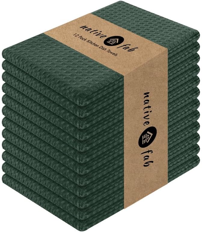 Native Fab Waffle 12 Pack 100% Cotton Easter Kitchen Dish Towels 16x26 Absorbent Durable Washable Tea Towels with Hanging Loop, Olive Green - Nestoria