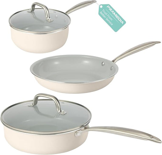 Pots and Pans Set Nonstick, 5-Piece Ceramic Cookware Set, Stainless Steel Handles, Induction Compatible & Oven Safe, Non Toxic Healthy Cooking Set for RV & Apartments, Cream White