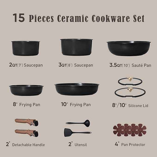 CAROTE 15Pcs Ceramic Cookware Set, Pots and Pans Set Non stick, Kitchen Cooking Set with Detachable Handle, Non Toxic Induction Cookware, Dishwasher/Oven Safe, PFAS Free, Black&Gold