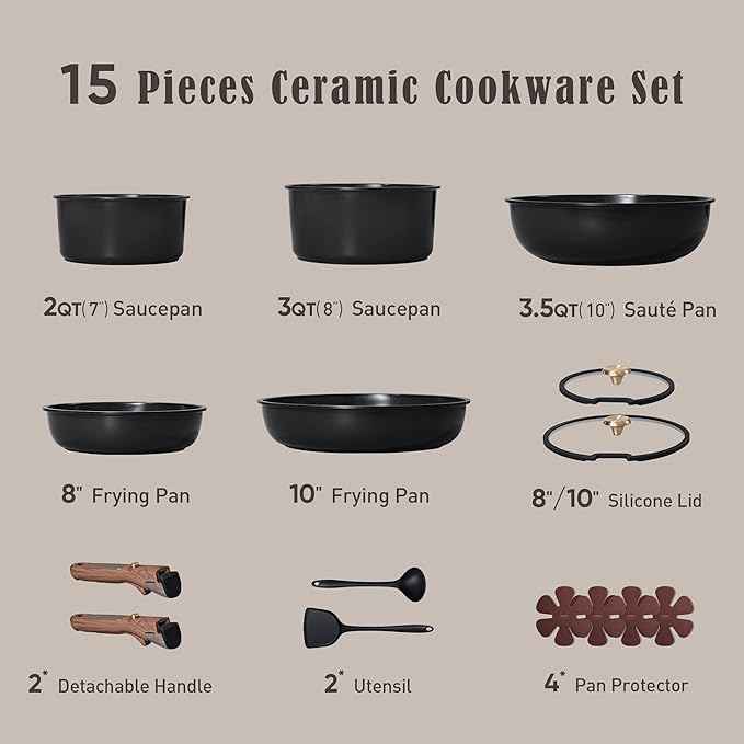 CAROTE 15Pcs Ceramic Cookware Set, Pots and Pans Set Non stick, Kitchen Cooking Set with Detachable Handle, Non Toxic Induction Cookware, Dishwasher/Oven Safe, PFAS Free, Black&Gold