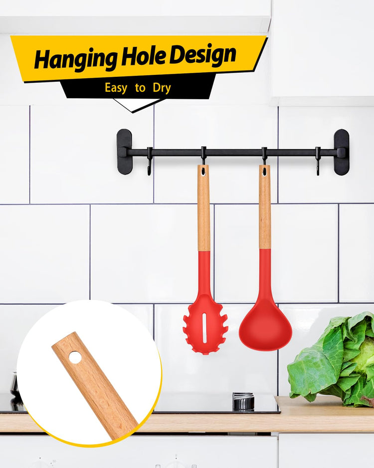Silicone Pasta Fork and Ladle Spoon Set with Wooden Handle (2 Count)