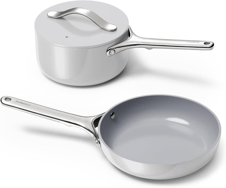 Caraway Mini Cookware Set - Non-Stick Ceramic Fry Pan (1.05 qt, 8") Sauce Pan (1.75 qt) & Storage Rack - Non Toxic, PTFE & PFOA Free - Oven Safe & Stovetop Agnostic (Gas, Electric & Induction) - Gray