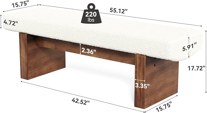 LITTLE TREE 55" Solid Wood Entryway Bench, Upholstered Bedroom Bench with Faux Lamb Wool, Dining Bench for Kitchen, Living Room, End of Bed, or Foyer (Warm White & Walnut)