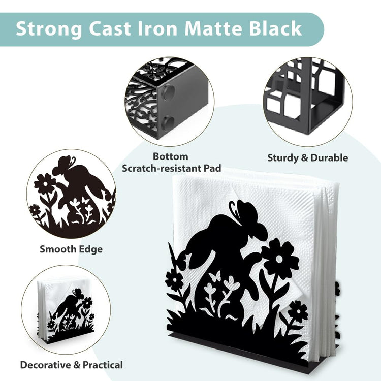 Rabbit Flower Decorative Black Metal Napkin Holder for Table