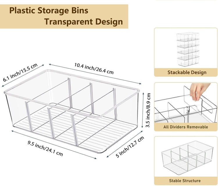 6 Pcs Clear Pantry Organizers and Storage,Plastic Storage Bins for Fridge with Removable Dividers, Kitchen Cabinet Organizers Ideal for Kitchen, Pantry, Refrigerator, Freezer, and Snack Storage