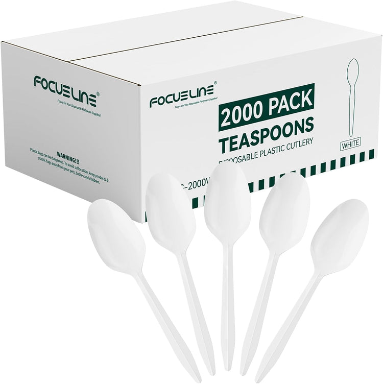 FOCUSLINE 2000 Pack White Plastic Spoons Bulk, Heat Resistant Disposable Teaspoons, Plastic Silverware for Take out Restaurants, Parties, Picnics, Travel & Any Events