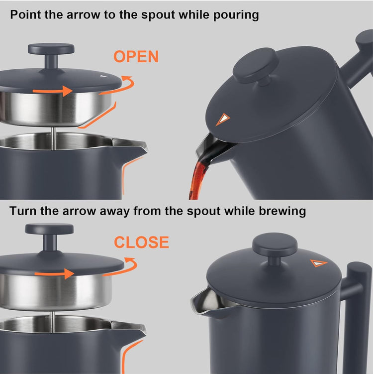 Secura French Press Coffee Maker, 304 Grade Stainless Steel Insulated Coffee Press with 2 Extra Screens, 34oz (1L), Grey